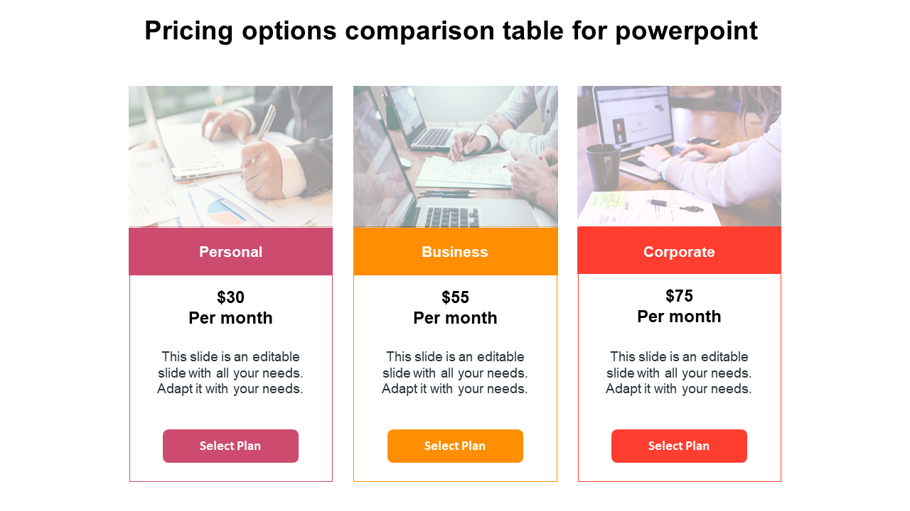 pricing options comparison table for powerpoint